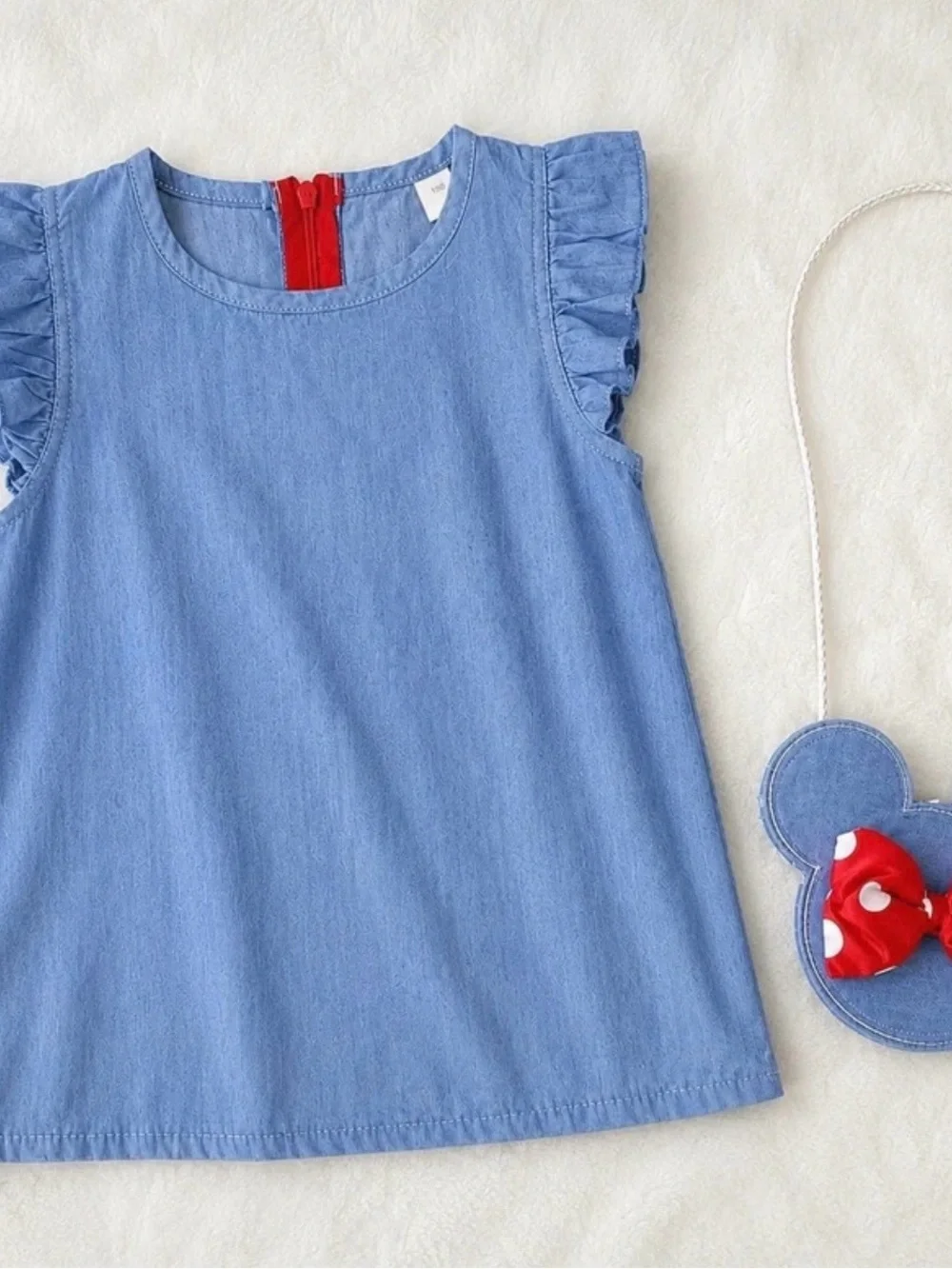Girls Light Blue Denim Dress with Red Bow Crossbody Accent